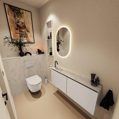 MONDIAZ TURE-DLUX meuble WC 120 cm Linen. EDEN vasque Opalo position à gauche. Avec 1 trou de robinet.