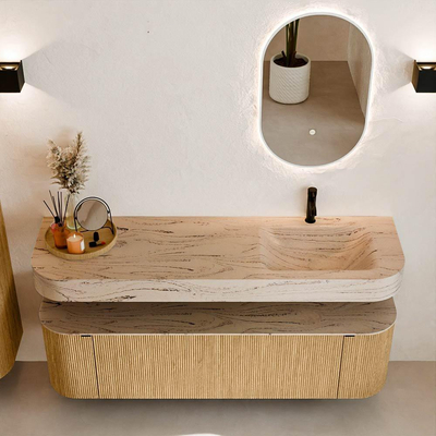 MONDIAZ THOR-DLUX 160cm badmeubel ronding links + rechts kleur Oak met 1 lade en 2 deuren. Vrijhangende wastafel CLOUD Rechts 1 kraangat kleur Arena.