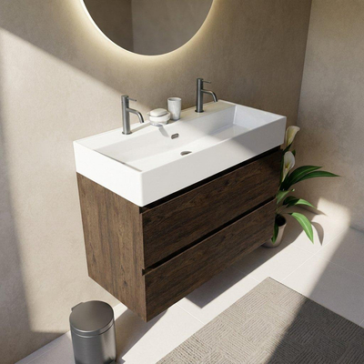 Saniclass Holz Pure Ensemble de meuble de salle de bains - 100x45x72cm - vasque en céramique Legend blanche - 1 vasque - 2 trous de robinetterie - 2 tiroirs - chêne charcoal mat (bois)