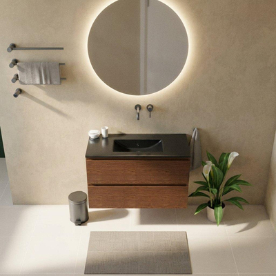 Saniclass Holz Pure Ensemble de meubles de salle de bains - 100x45x62cm - Vasque Vygo en céramique noire - 1 vasque - sans trou de robinet - 2 tiroirs - walnut pure mat (bois)