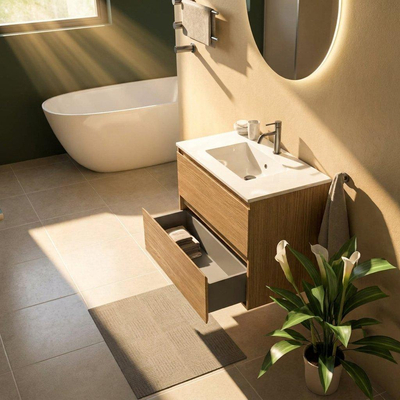 Saniclass Holz Pure Ensemble meuble de salle de bains - 80x45x62cm - Lavabo en céramique Vygo blanc - 1 vasque - 1 trou de robinetterie - 2 tiroirs - chêne natural mat (bois)