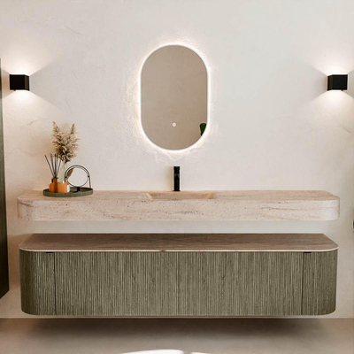 MONDIAZ THOR-DLUX 200cm meuble de salle de bains arrondi gauche + droite couleur Shadow avec 2 tiroirs et 2 portes. Vasque suspendue CLOUD Milieu 1 trou de robinet couleur Saba.