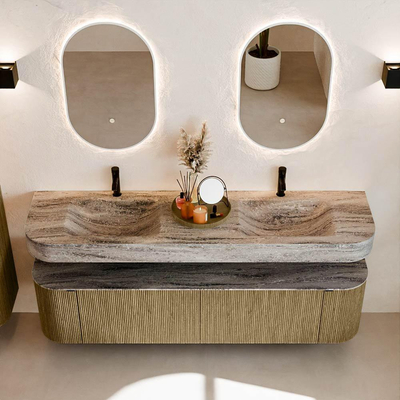 MONDIAZ THOR-DLUX 180cm meuble de salle de bains arrondi gauche + droite couleur Dusk avec 2 tiroirs et 2 portes. Vasque suspendue CLOUD Double 2 trous de robinet couleur Oza.