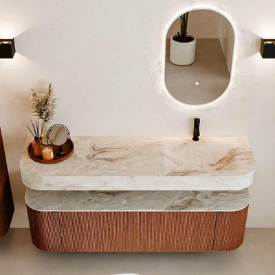 MONDIAZ THOR-DLUX 160cm meuble de salle de bains arrondi gauche + droite couleur Ruby avec 1 tiroir et 2 portes. Vasque suspendue CLOUD Droite 1 trou de robinet couleur Frappe.