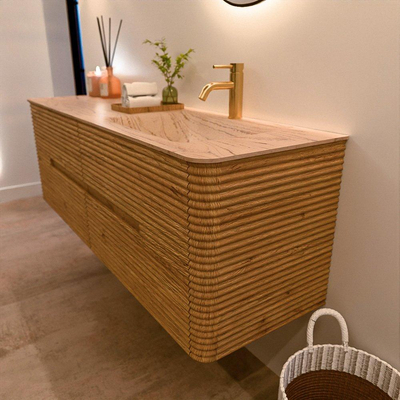 Mondiaz CIRO-DLUX Meuble de salle de bains - 150x45x50cm - Plan vasque solid surface Arena - 1 vasque à droite - 1 trou de robinet - 4 tiroirs - Chêne