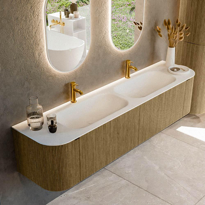 Ensemble de meuble de salle de bain Mondiaz KURVE - 190x46x40cm - 2 tiroirs - 2 portes - lavabo en solid surface - double - 2 trous de robinet - Dusk