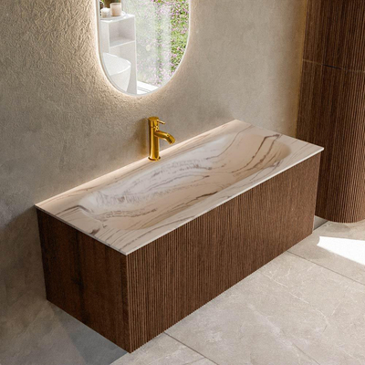 MONDIAZ KURVE-DLUX 110cm badmeubel kleur Walnut met 1 lade en 0 deuren. Wastafel BIG MEDIUM Midden 1 kraangat Nata.