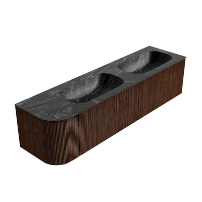 MONDIAZ KURVE-DLUX Meuble de salle de bains 175cm avec module 25 L couleur Walnut avec 2 tiroirs et 1 porte. Lavabo STOR SMALL double / à droite 2 trous de robinet couleur Lava.