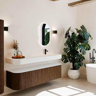 MONDIAZ THOR Meuble de salle de bains 170cm arrondi gauche + droite couleur Walnut avec 1 tiroir et 2 portes. Vasque suspendue CLOUD Droite 1 trou de robinet couleur Talc.