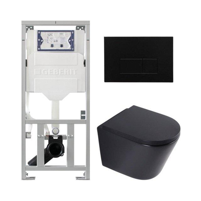 QeramiQ Dely Toiletset - 36.3x51.7cm - diepspoel - rimless - Geberit UP320 inbouwreservoir - softclose toilet zitting 35 mm - kunstof mat zwarte bedieningsplaat - rechthoekige knoppen - mat zwart