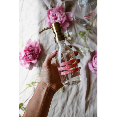 Wellmark Handzeep helder glas messing pomp 250ml tekst MAY ALL YOUR TROUBLES BE BUBBLES Roze label