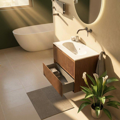 Saniclass Holz Atelier Ensemble meuble de salle de bains - 80x45x73.9cm - Lavabo Chaci en céramique blanc - 1 vasque - sans trou de robinet - 2 tiroirs - noyer pur mat (bois)