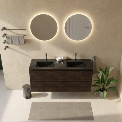 Saniclass Holz Atelier Ensemble meuble de salle de bains - 140x45x62cm - lavabo Vygo en céramique noir - 2 vasques - 2 trous de robinetterie - 4 tiroirs - chêne charcoal mat (bois)