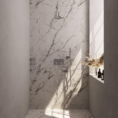 BRAUER Brushed Carving Douche de pluie thermostatique encastrée - boutons-poussoirs - SET 51 - pomme de douche 20cm - bras mural incurvé - douchette barre - flexible de douche - coude de raccordement mural - acier inoxydable brossé PVD