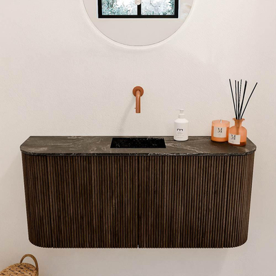 Mondiaz JOYA-DLUX 93.2cm toiletmeubel - ronding links en rechts kleur Walnut - Wastafel FAYE positie Midden Zonder kraangat kleur Lava.