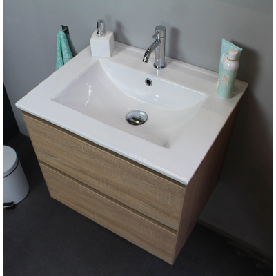 Basic Bella Meuble avec lavabo en porcelaine 1 trou de robinet 60x55x46cm avec armoire toilette à 1 porte gris Chêne