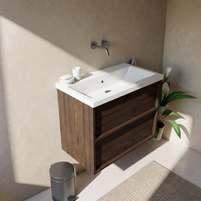 Saniclass Holz Frame Ensemble meuble de salle de bains - 80x45x63.5cm - lavabo en céramique Bari blanc - 1 vasque - sans trou de robinetterie - 2 tiroirs - chêne charcoal mat (bois)