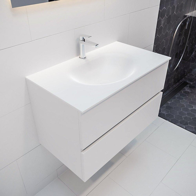 MONDIAZ VICA Ensemble de meuble salle de bain - 80cm - 2 tiroirs - lavabo Moon central - 1 trou de robinet - solid surface talc