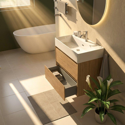 Saniclass Holz Pure Ensemble de meubles de salle de bains - 80x45x72cm - Legend lavabo en céramique blanc - 1 vasque - 1 trou de robinet - 2 tiroirs - chêne natural mat (bois)