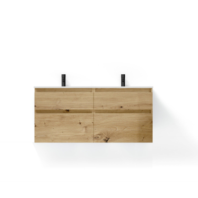 Saniclass Prime Vita Meuble de salle de bain - 140x46x60cm - lavabo en céramique brillant blanc - 2 vasques - 2 trous de robinet - 4 tiroirs - chêne rustique