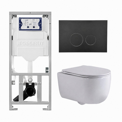 QeramiQ Dely Swirl Ensemble WC- 36,3x51,7 cm - Réservoir encastré Geberit UP320 - Abattant fin - Plaque de commande noire mate - Boutons ronds - Blanc brillant