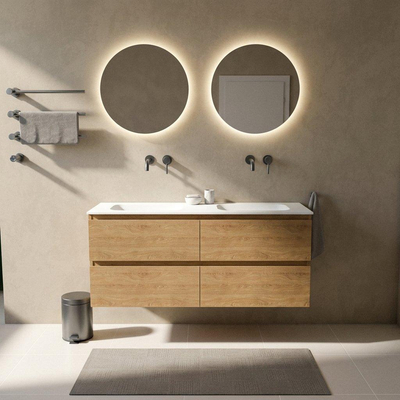 Saniclass Holz Pure Ensemble de meubles de salle de bains - 140x45x61.5cm - lavabo Flow en solid surface blanc - 2 vasques - sans trous de robinetterie - 4 tiroirs - chêne naturel mat (bois)