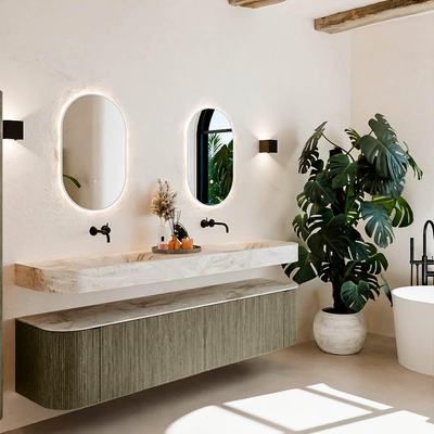 MONDIAZ THOR-DLUX 200cm meuble de salle de bains arrondi gauche + droite couleur Shadow avec 2 tiroirs et 2 portes. Vasque suspendue CLOUD Double sans trou de robinet couleur Frappe.