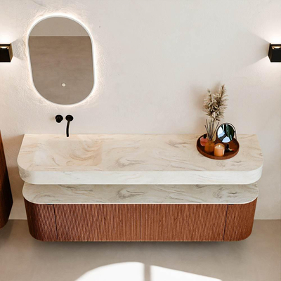 MONDIAZ THOR-DLUX 180cm meuble de salle de bains arrondi gauche + droite couleur Ruby avec 2 tiroirs et 2 portes. Vasque suspendue CLOUD Gauche sans trou de robinet couleur Ostra.