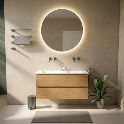 Saniclass Holz Pure Ensemble de meuble de salle de bains - 120x45x61.5cm - lavabo Flow en Solid Surface blanc - 2 vasques - sans trous de robinetterie - 4 tiroirs - chêne natural mat (bois)