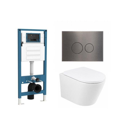 QeramiQ Dely Ensemble WC - réservoir encastré Qeramiq Flush - abattant 35mm - plaque de commande métal gunmetal - boutons ronds - blanc mat