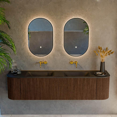 MONDIAZ KURVE 180cm Meuble salle de bain avec module 25 G et D - couleur Walnut - 2 tiroirs - 2 portes - vasque CLOUD double - sans trous de robinet - Urban