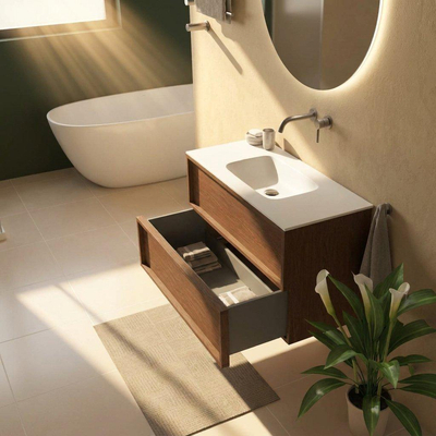 Saniclass Holz Frame Ensemble meuble de salle de bains - 100x45x61.5cm - Flow lavabo en solid surface blanc - 1 vasque - sans trou de robinet - 2 tiroirs - walnut pure mat (bois)