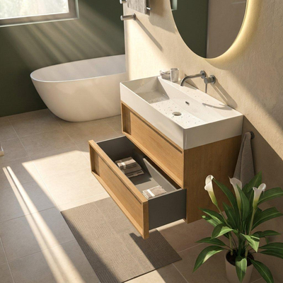 Saniclass Holz Frame Ensemble meuble de salle de bains - 100x45x72cm - Legend lavabo en céramique blanc - 1 vasque - sans trou de robinet - 2 tiroirs - chêne natural mat (bois)
