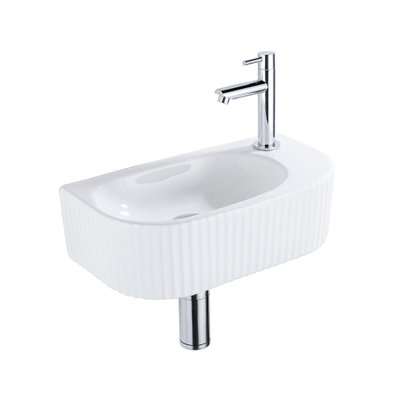 Fugaflow Efficiente Pietra Fonteinset - 40x21.5x12cm - rechts - geribbeld - halfrond - 1 kraangat - keramiek - fonteinkraan chroom - afvoerplug - verlaagd sifon - wit glans