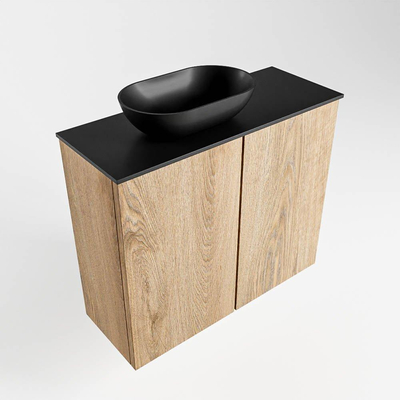 Mondiaz Fowy Toiletmeubel - 60x50x23cm - washed oak mat - 1 kraangat - wasbak links - 2 deuren - solid surface - blad Melamine - wasbak: zwart