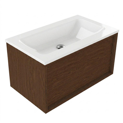 Saniclass Holz Frame Ensemble de meubles de salle de bains - 80x45x57.5cm - vasque Torino en solid surface blanc - sans trou de robinetterie - 1 tiroir - walnut pure mat (bois)