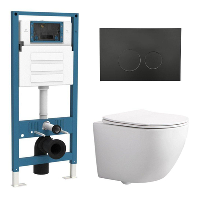 QeramiQ Dely Swirl Ensemble WC Compact - réservoir encastré QeramiQ flush - abattant fin - plaque de commande en plastique noir mat - boutons ronds - blanc brillant