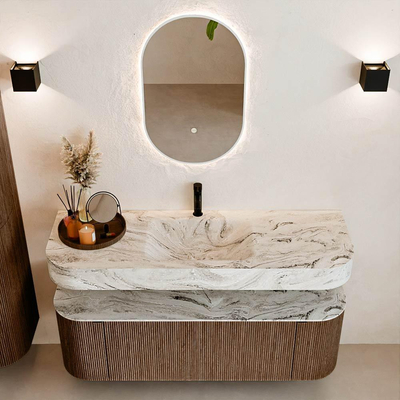 MONDIAZ THOR-DLUX 140cm meuble de salle de bains arrondi gauche + droite couleur Walnut avec 1 tiroir et 2 portes. Vasque suspendue CLOUD Milieu 1 trou de robinet couleur Glace.