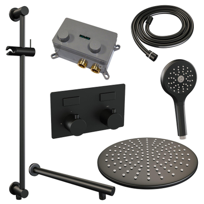 BRAUER Black Edition Thermostatische Regendouche inbouw - drukknoppen - SET 68 - 30cm hoofddouche - rechte muurarm - 3 standen handdouche - doucheslang - geïntegreerde glijstang - zwart mat