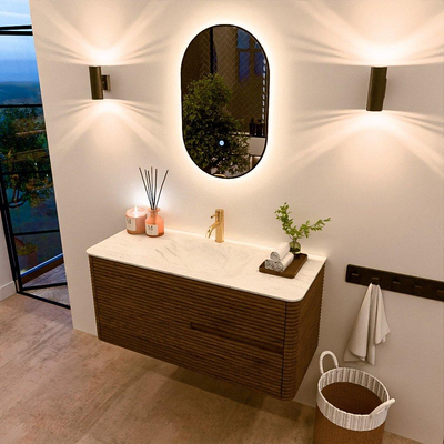 Mondiaz CIRO-DLUX Badkamermeubelset - 110x45x50cm - Solid surface wastafel Opalo - 1 wasbak Midden - 1 kraangat - 2 lades - Dusk