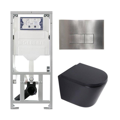 QeramiQ Dely Toiletset - 36.3x51.7cm - diepspoel - rimless - Geberit UP320 inbouwreservoir - softclose toilet zitting 35 mm - steel bedieningsplaat - rechthoekige knoppen - mat zwart