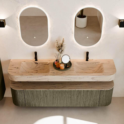 MONDIAZ THOR-DLUX 180cm meuble de salle de bains arrondi gauche + droite couleur Shadow avec 2 tiroirs et 2 portes. Vasque suspendue CLOUD Double 2 trous de robinet couleur Arena.