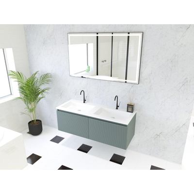 HR Matrix ensemble de meubles de salle de bain 3d 120cm 2 tiroirs sans poignée avec bandeau de poignée couleur pétrole mat avec lavabo mince double 2 robinets blanc mat