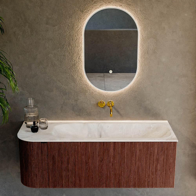 Mondiaz KURVE-DLUX Badkamermeubelset - 125x46x40cm - 1 lade - 1 deur - wastafel solid surface - rechts - zonder kraangat - Ruby