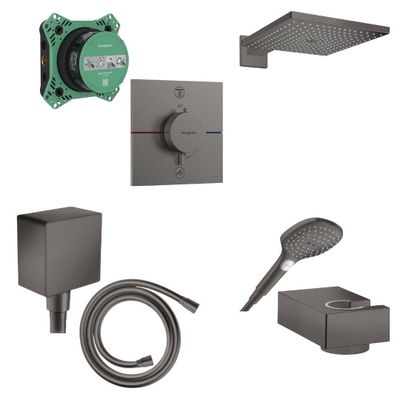 Hansgrohe Raindance Select Doucheset - hoofddouche - handdouche - thermostaat - inbouwdeel - douchehouder - doucheslang - muuraansluitbocht - geborsteld zwart chroom