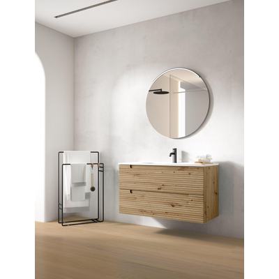 Saniclass Prime Balance Meuble de salle de bain - 100x55x45cm - 1 vasque rectangulaire en céramique blanc - 1 trou de robinet - 2 tiroirs - miroir rectangulaire - chêne rustique
