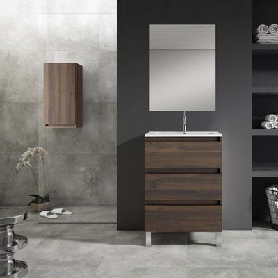 Saniclass Chaci PLUS Meuble de salle de bain - 60x86x46cm - lavabo en céramique blanc - 1 vasque - 1 trou de robinet - 3 tiroirs - miroir rectangulaire - noyer (hout)