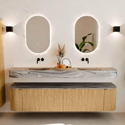 MONDIAZ THOR-DLUX Meuble de salle de bains 190cm arrondi gauche + droite couleur Oak avec 2 tiroirs et 2 portes. Vasque suspendue CLOUD Double sans trou de robinet couleur Sombra.