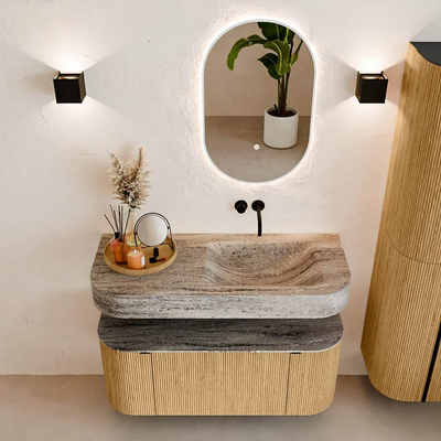 MONDIAZ THOR-DLUX 110cm badmeubel ronding links + rechts kleur Oak met 1 lade en 2 deuren. Vrijhangende wastafel CLOUD Rechts zonder kraangat kleur Oza.