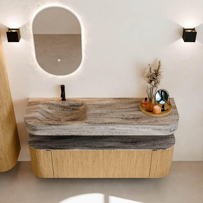 MONDIAZ THOR-DLUX 150cm badmeubel ronding links + rechts kleur Oak met 1 lade en 2 deuren. Vrijhangende wastafel CLOUD Links 1 kraangat kleur Oza.